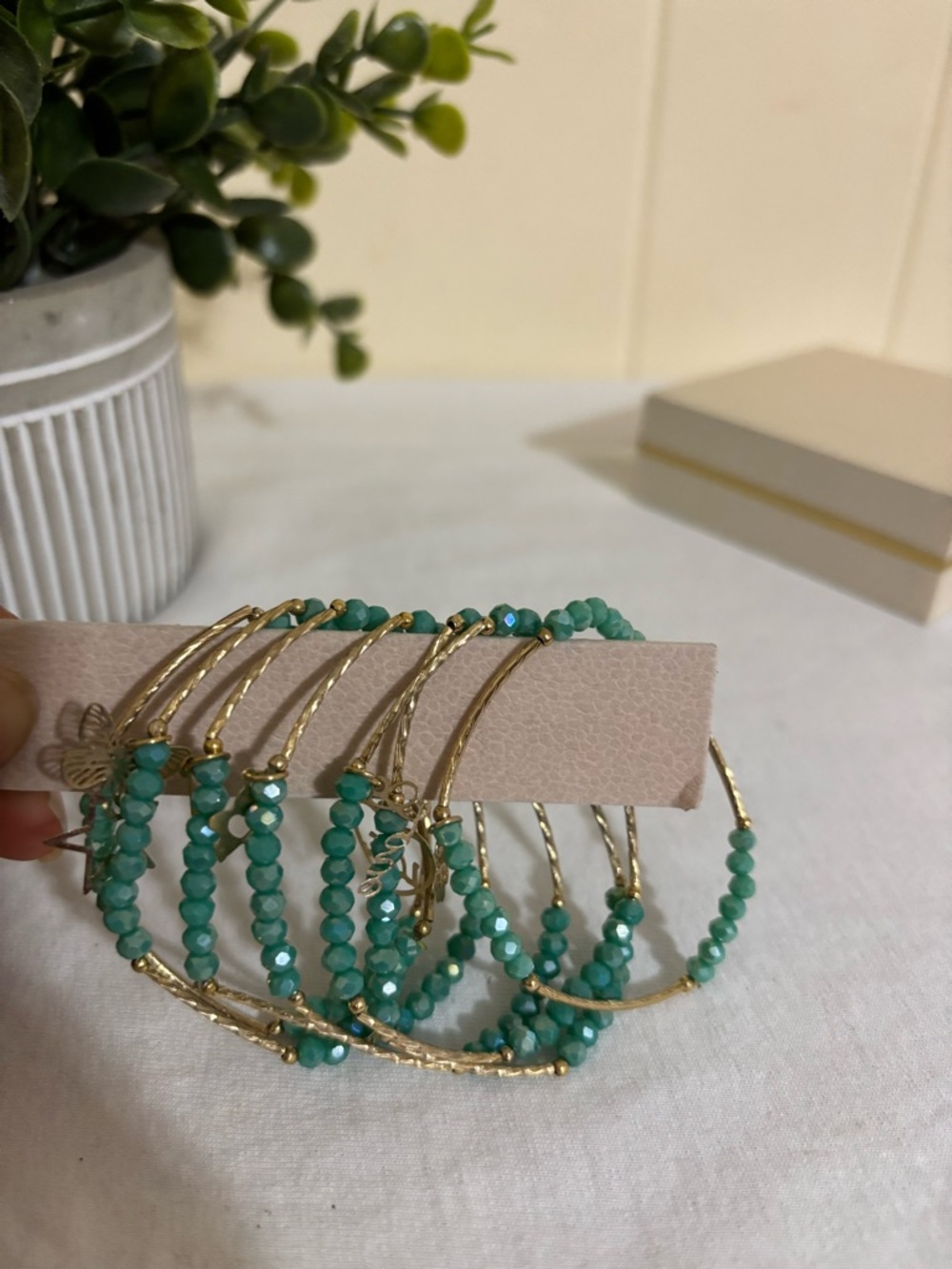 Gold Hoop Bracelet Set with Teal Beads